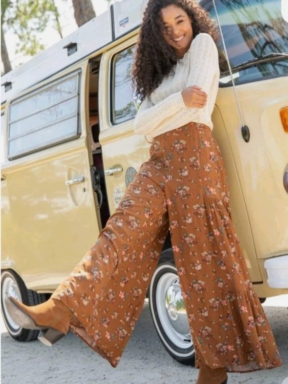 Natural Life Aria Wide Leg Pants Women Terracota Brown Floral Tiered XS
